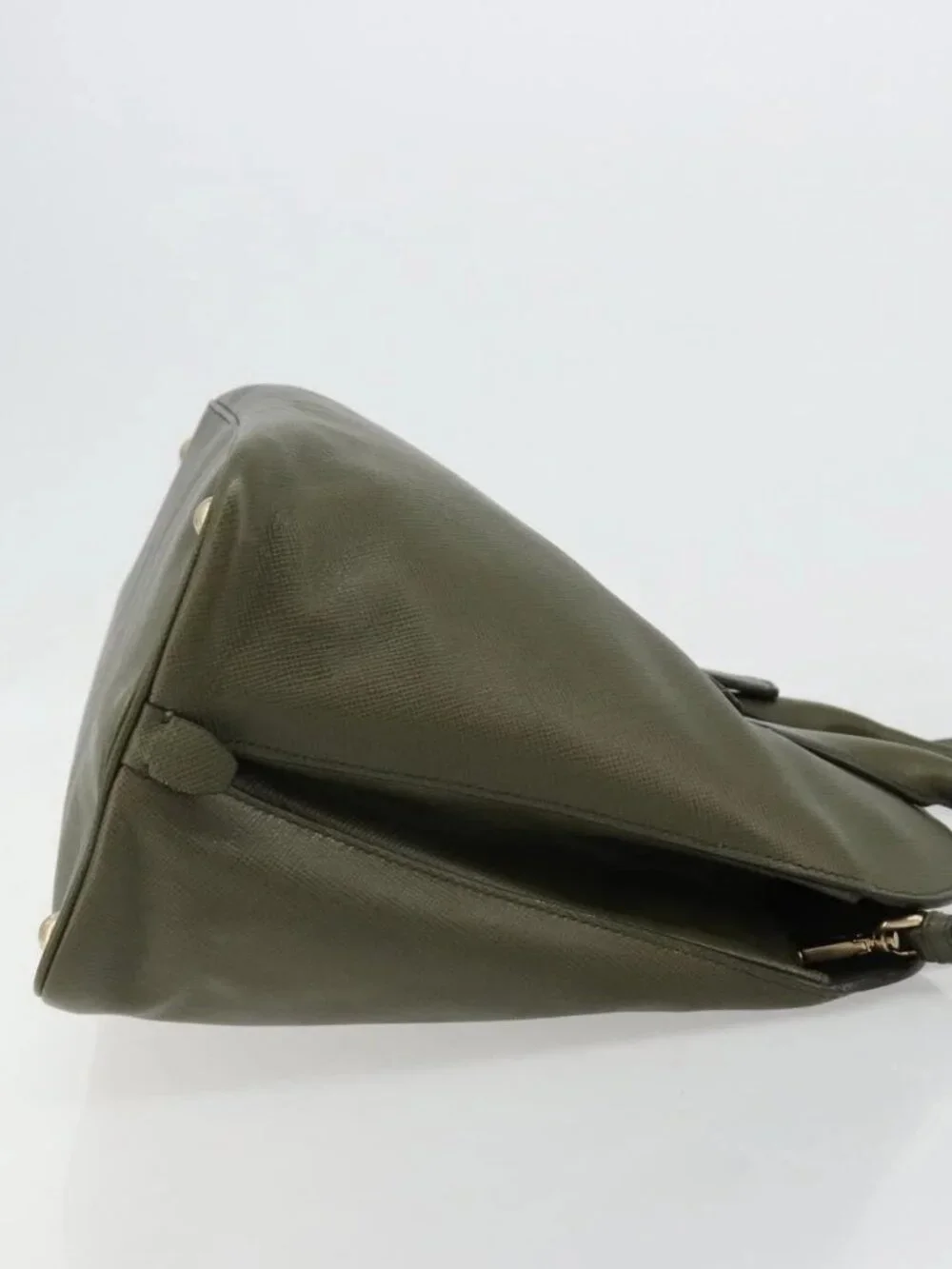PRADA Cuir Open Promenade Satchel Bag Saffiano 2way Khaki Gold Auth